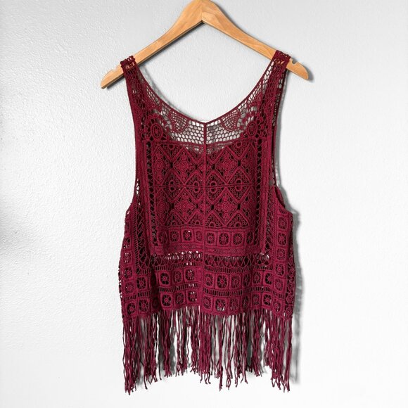 Active Crochet Fringe Burgundy Tank Top Womens Small Boho Festival Retro 70s - Picture 6 of 13